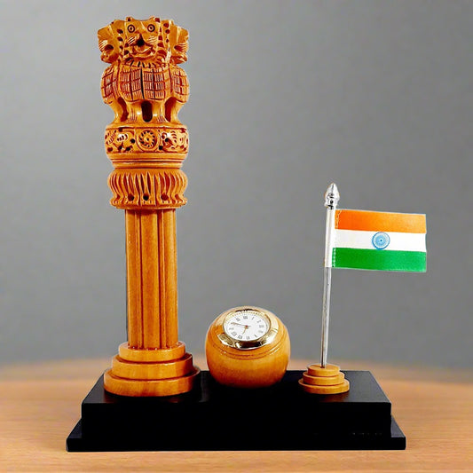 Table clock featuring handcrafted Ashoka pillar and Indian flag mounted on wooden base, ideal for office desk decor.