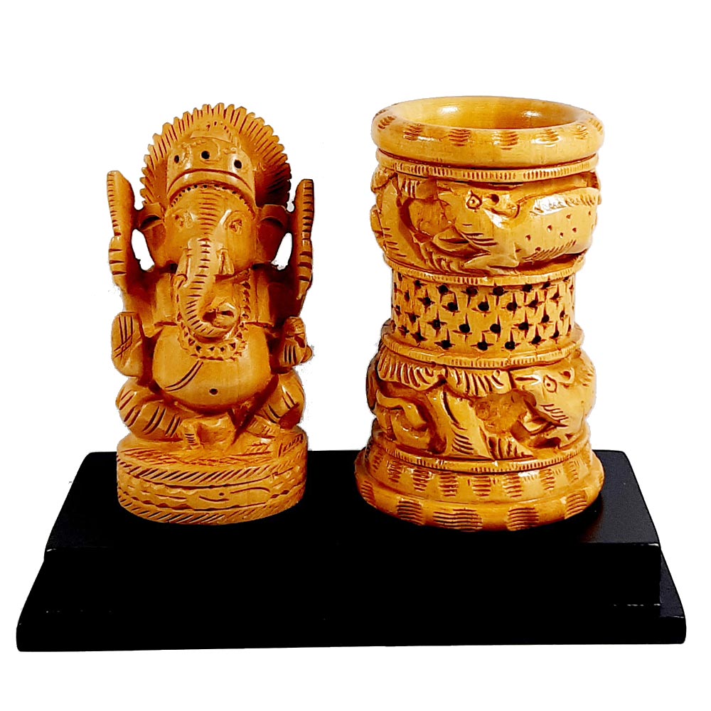 An auspicious wooden Ganesh pen stand that brings happiness and prosperity to your home and office.