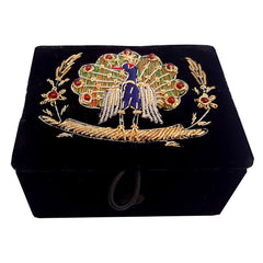 Hand-embroidered zardosi black velvet jewelry box with detailed peacock design made from silver and golden wire.