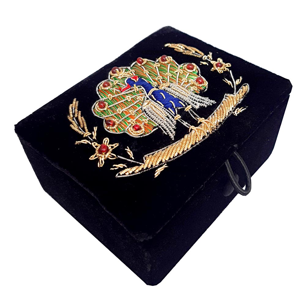 Black velvet jewelry box adorned with stunning zardosi work featuring silver and golden metal wire peacock design.