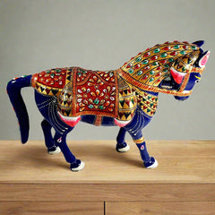 An attractive metal horse sculpture with beautiful blue enamel painting.