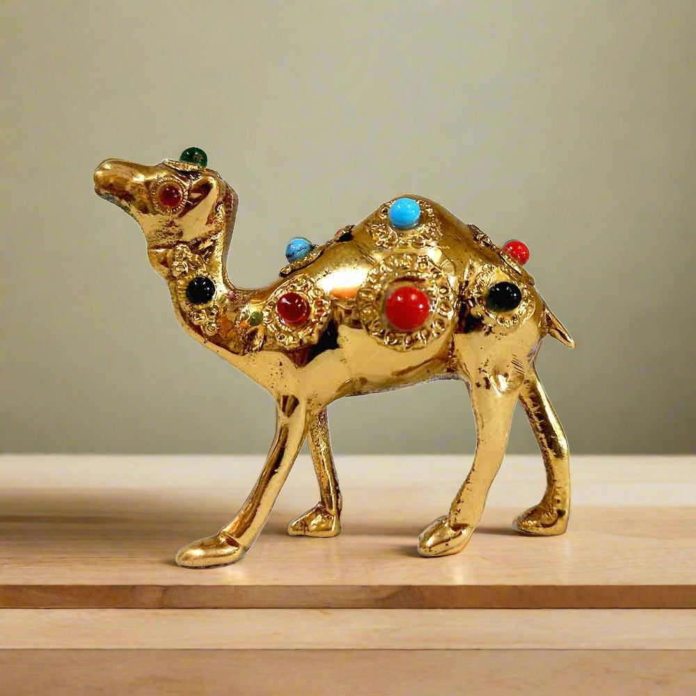 Handcrafted pure brass camel sculpture with colorful stone inlays, 6cm Rajasthan desert ship showpiece.