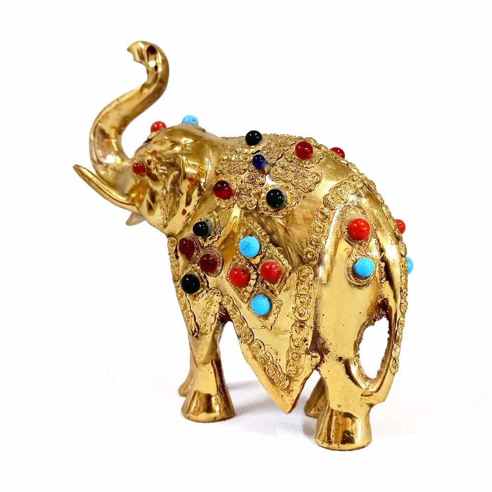 Brass lucky elephant 12x12x5cm dimensions, perfect wedding housewarming gift with stone embellishments.