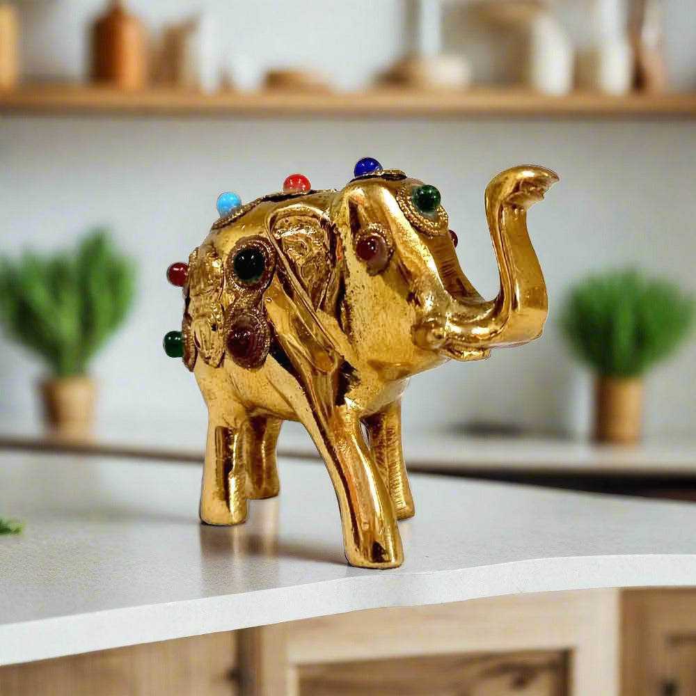 Cute small pure brass elephant that never tarnishes, colorful stone inlays for good fortune.
