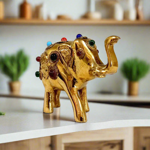 Cute small pure brass elephant that never tarnishes, colorful stone inlays for good fortune.