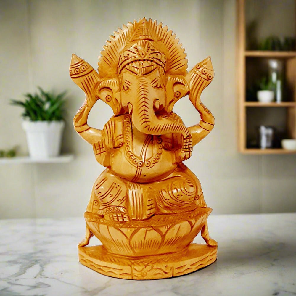 A carved Kadamba wood Ganpati murti, a completely handmade piece with superb workmanship.
