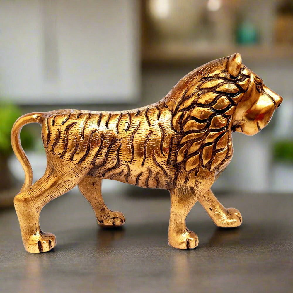 Closeup of regal closed-mouth lion face symbolizing protection power.