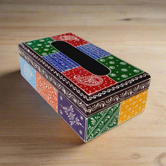 Colorful handmade wooden tissue box decorated with intricate hand art, ideal for center or dining table and car use.