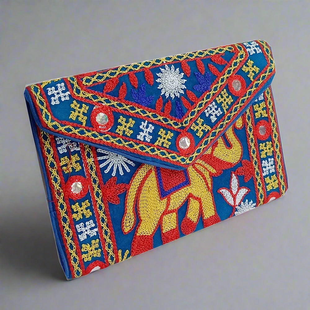 cotton clutch purse with intricate embroidery, zip compartment, and handle, perfect for girls and women.