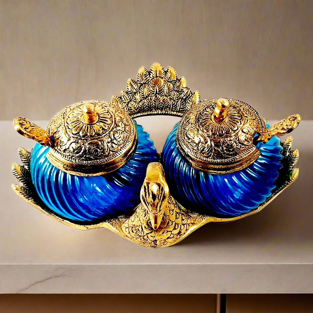 Duck-shaped metal and glass bowl set with turquoise colored bowls and spoons, perfect for dining or office table decor.
