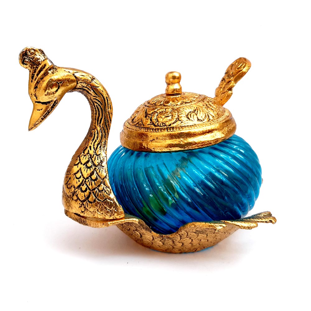 Decorative metal and glass bowl set in duck shape, includes a spoon, suitable for gifts and table display.
