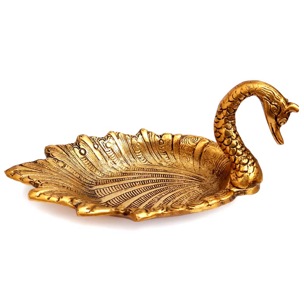 Decorative metal platter in duck shape, polished with gold oxidize, perfect for serving dry fruits.