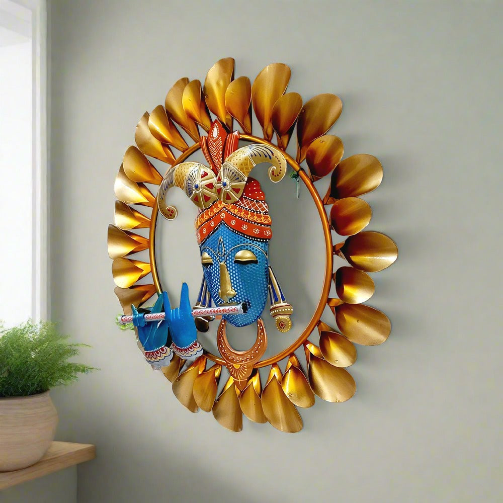 Decorative metal wall hanging frame with stunning Krishna artwork, a striking focal point for any room.

