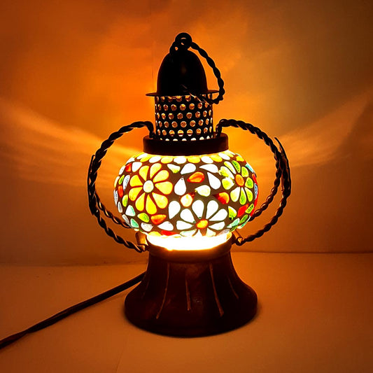 Handcrafted decorative lantern lamp with intricate mosaic glass work and vibrant colors