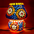 Handcrafted decorative mosaic table lamp with vibrant multicolor glass tiles and warm ambient lighting