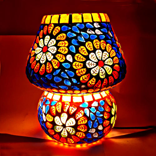 Handcrafted decorative mosaic table lamp with vibrant multicolor glass tiles and warm ambient lighting