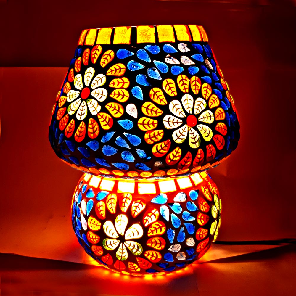 Handcrafted decorative mosaic table lamp with vibrant multicolor glass tiles and warm ambient lighting