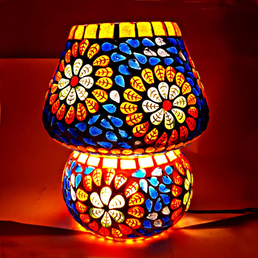 Handcrafted decorative mosaic table lamp with vibrant multicolor glass tiles and warm ambient lighting