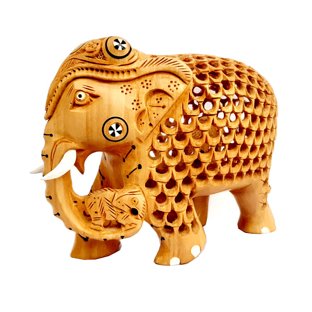 Decorative wooden elephant statue carrying a child, with fine inlay and mesh carving, great for gifting