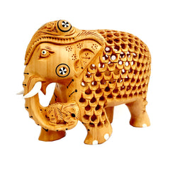 Decorative wooden elephant statue carrying a child, with fine inlay and mesh carving, great for gifting