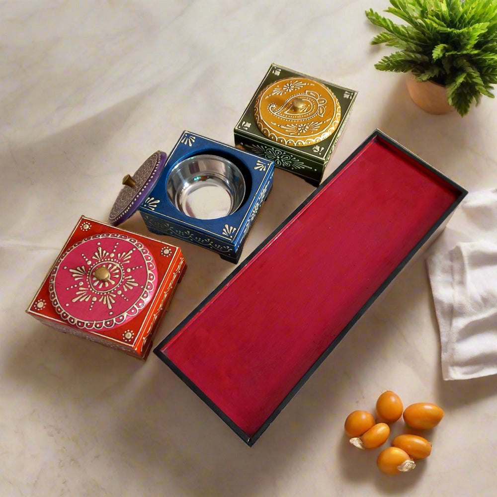 Decorative wooden dry fruit box with three compartments and steel bowls, enhancing the beauty of kitchen and dining spaces.

