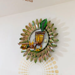 A divine wall art piece of Krishna playing the flute, featuring beautiful hand painting and LED lights that look great at night.