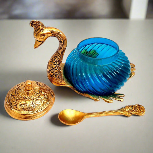 Beautiful duck-shaped bowl set made of metal and glass, ideal for serving dry fruits or mouth freshener.