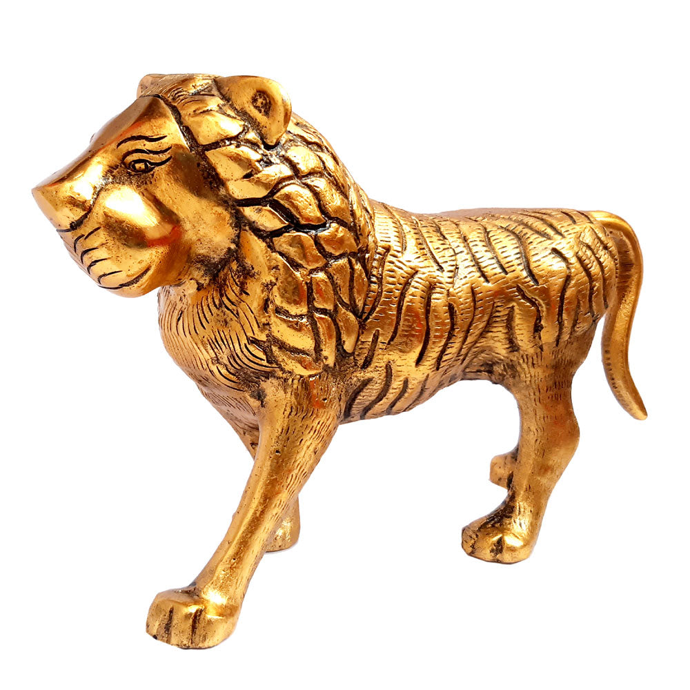 Golden lion statue positioned in Navratri pooja altar Vastu placement.
