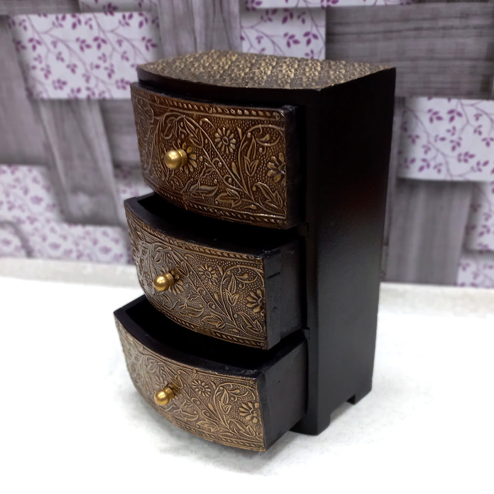 Elegant vintage wooden jewelry drawer box with metal accents and floral antique design, suitable for storing earrings and chains.