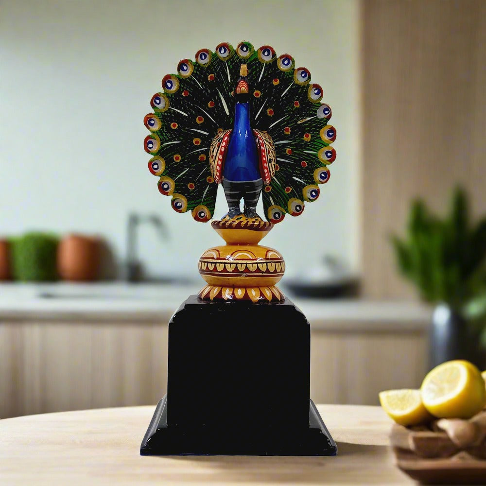 Elegant hand-painted wooden peacock figure spreading wings, perfect for gifting and home decoration.