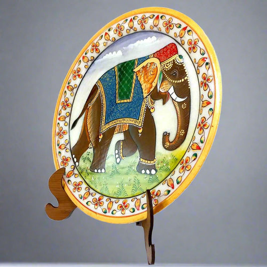 Pure marble decorative plate featuring hand-painted elephant artwork, perfect for home or office