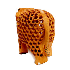 Elephant statue made of wood with mesh stomach design and carved trunk holding child, ideal for gifting and decor