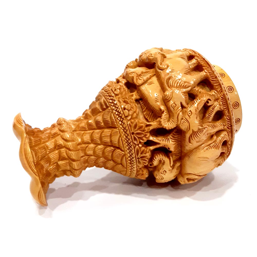 Side view showing family elephant designs on round wooden flower pot vase.