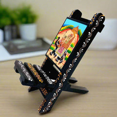 Wooden mobile stand featuring beautiful emboss painting and unique, portable folding design