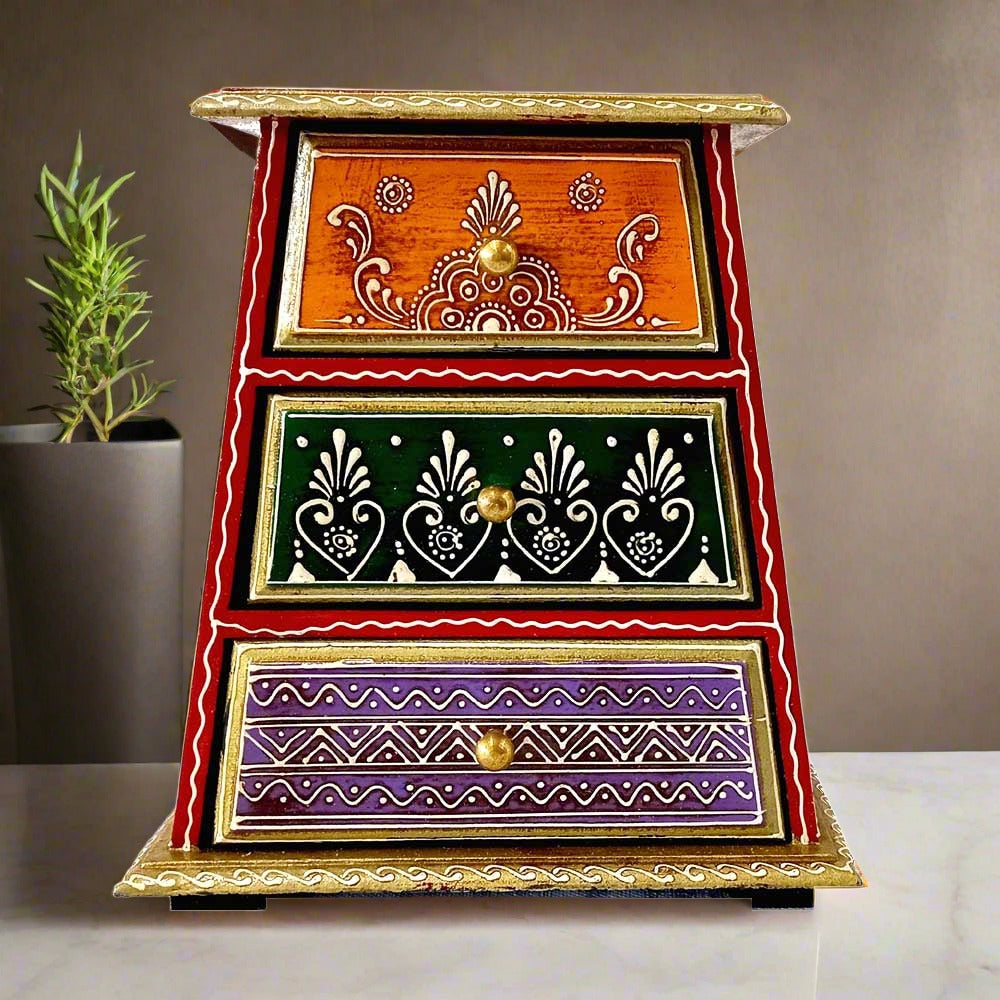 A beautiful handmade embossed wooden 3-layer drawer box, perfect for home and office.