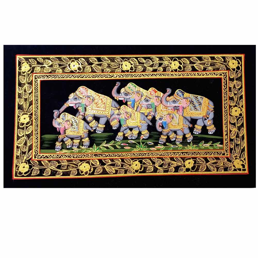 Front view family elephant silk painting symbolizing strength unity good fortune