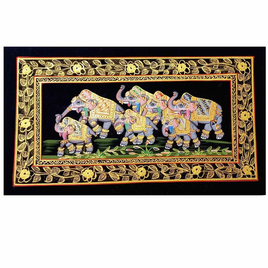 Front view family elephant silk painting symbolizing strength unity good fortune