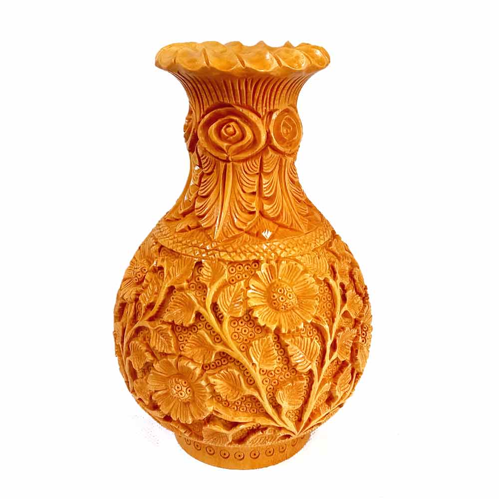 Detailed floral design on fine dried wood flower pot for artificial flowers.