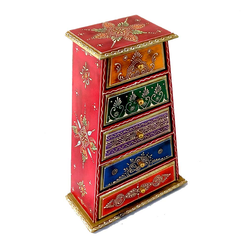 A fine quality wood desk organizer in a pyramid shape, with a different painting on each drawer.
