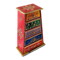A fine quality wood desk organizer in a pyramid shape, with a different painting on each drawer.