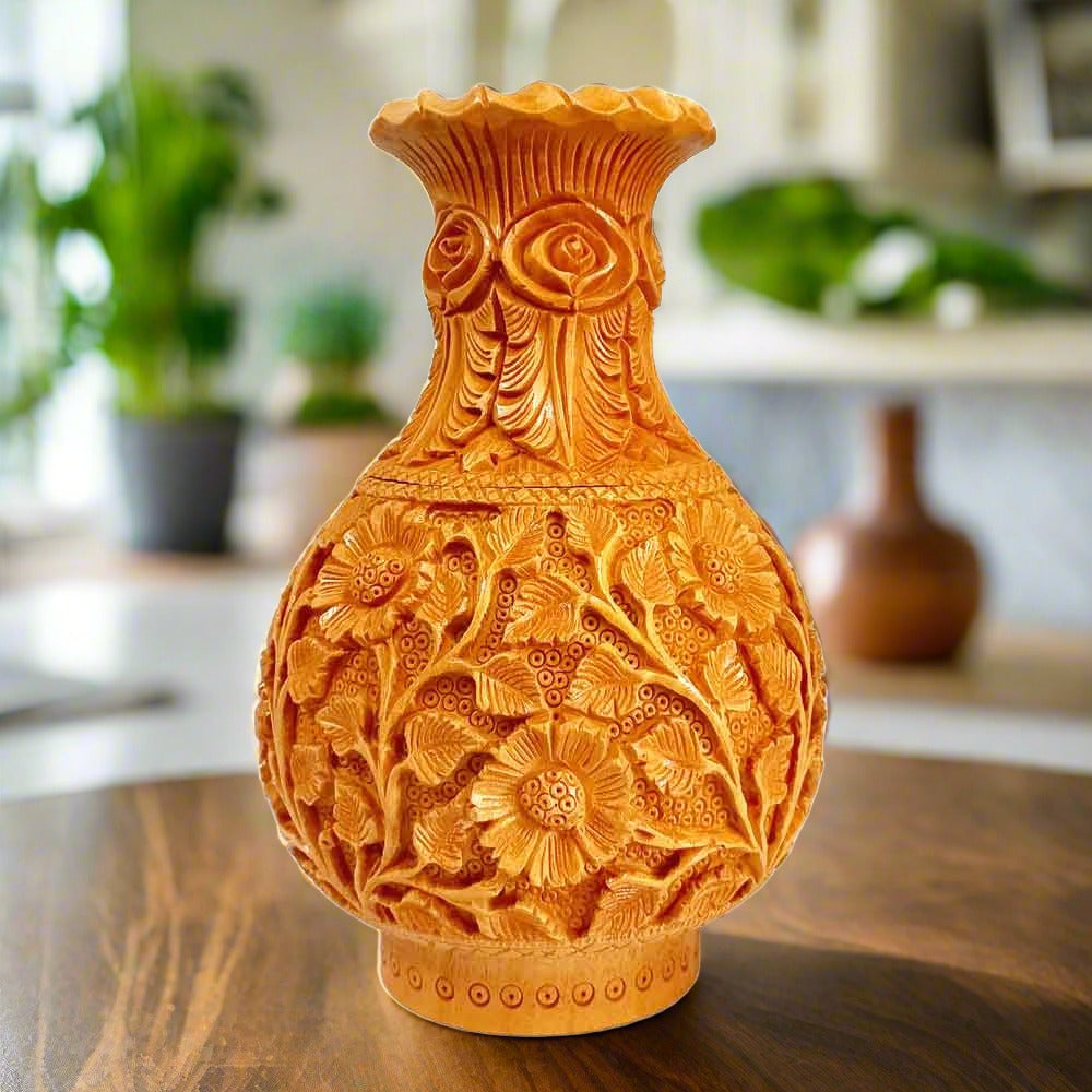 Handcrafted wooden flower pot with fine floral carvings front view 18cm.