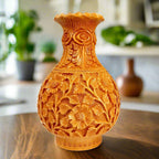Handcrafted wooden flower pot with fine floral carvings front view 18cm.