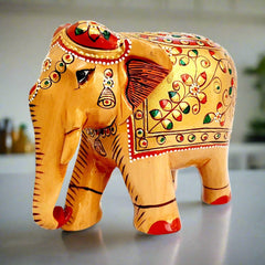 Floral embossed design on wooden elephant figurine, suitable for living room decoration