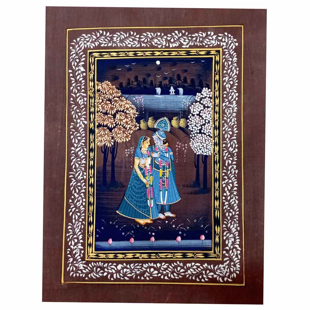 Full view 28x20cm Radha Krishna love painting night scene color mastery
