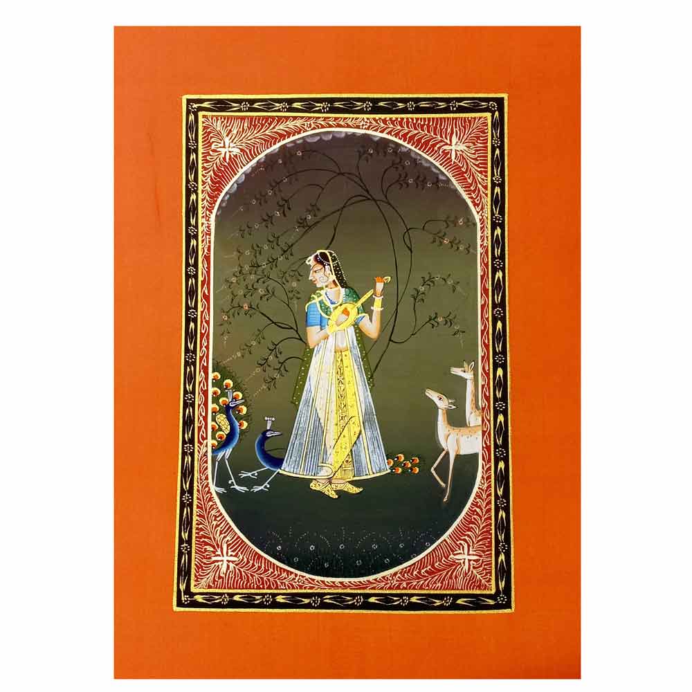 Full view 24x15cm Ragini silk painting graceful lady peacocks deer harmony