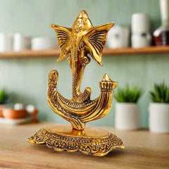 Side angle 20cm metal Ganesh showpiece with detailed artistry