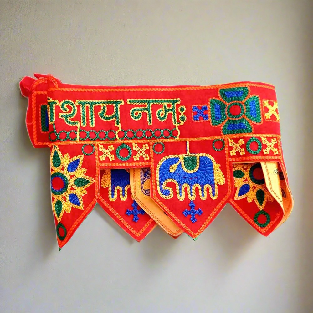Close-up completely handmade embroidery detail on premium fabric Shubh bandarwal toran