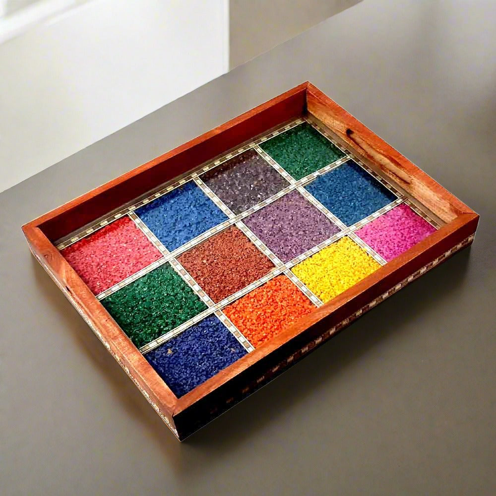 Gemstone Galaxy teak wood serving tray with 12 colorful real gemstones and acrylic glass, 28x22cm