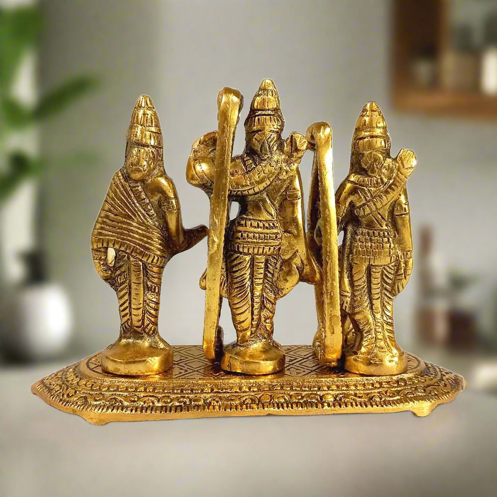 Premium metal Ram Darbar statue featuring divine family in golden polish, perfect for home worship.