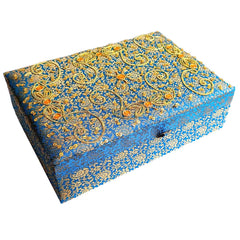 A golden zardosi embroidered jewelry organizer, created by an experienced artist.